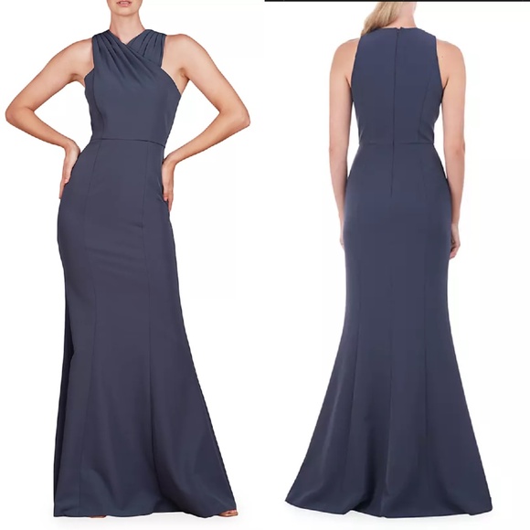 NEW KAY UNGER Prussian Blue TALIA Stretch Crepe PLEATED HALTER Column GOWN 2 - Picture 1 of 12